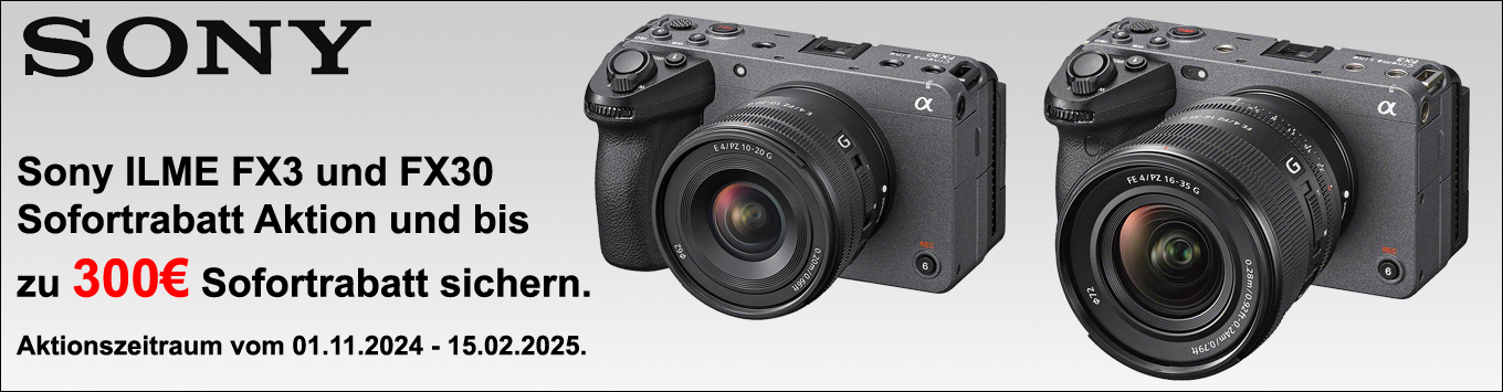 Sony FX3 / FX30 Winter Sofortrabatt Aktion und bis zu 300€ sichern. 
Sony FX3 / FX30 Winter Sofortrabatt Aktion